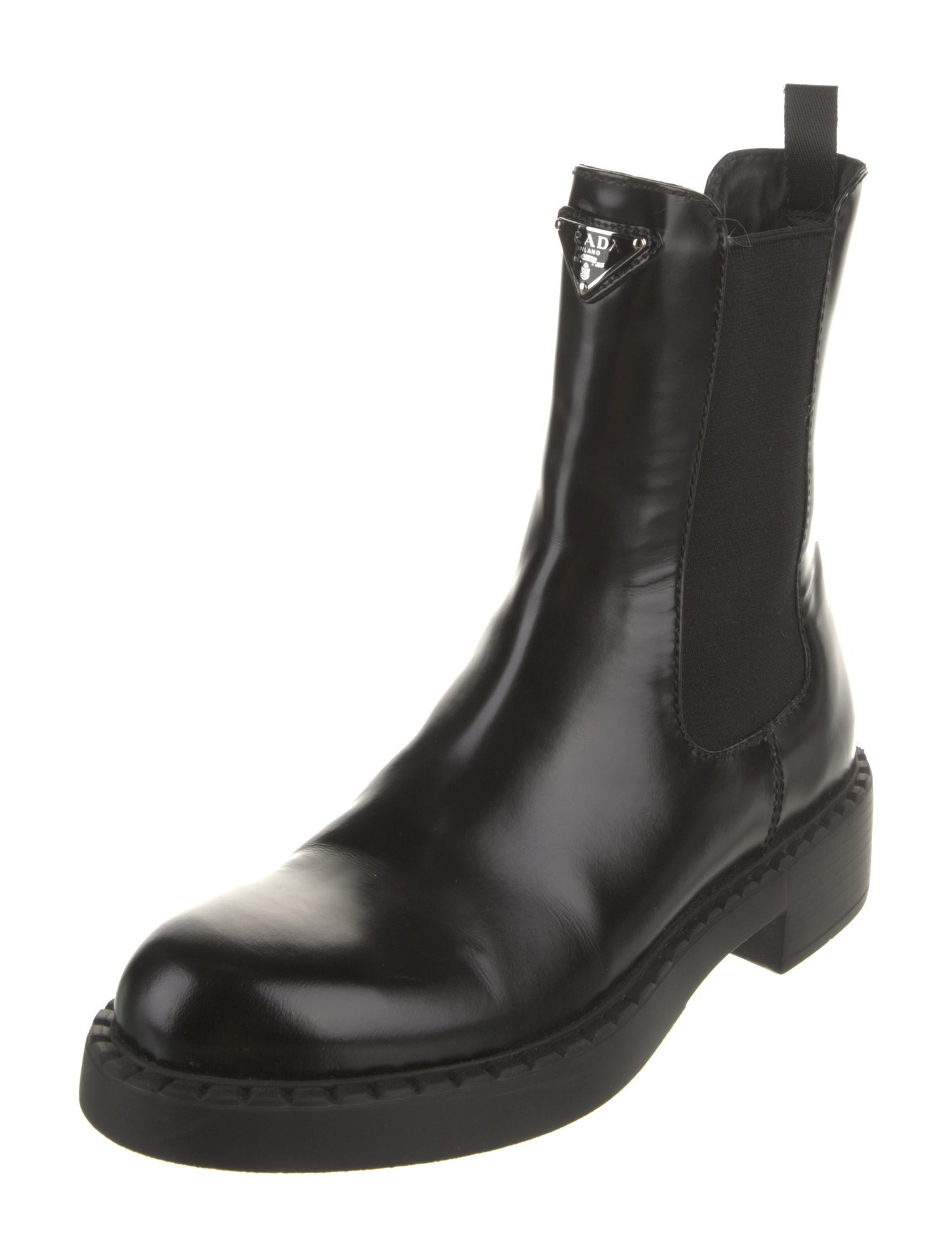 Prada Enameled Metal Triangle Leather Chelsea Boots